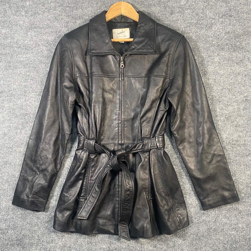 Pappagallo Leather Jacket Womens Small Black Belted Zip Up Lambskin Trench Coat